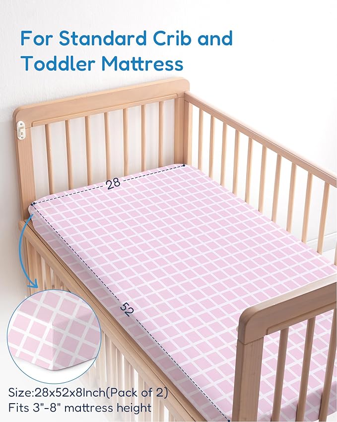 Crib Sheets 2 Pack, Fitted Crib Sheet for Standard Crib Mattress 28x52x9, Ultra Soft Jersey Knit, Breathable Stretchy Deep Pocket, Snug Fit Stays Put, Baby Crib Mattress Sheet