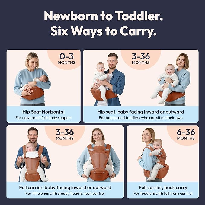 BabbleRoo Grow Carrier – Safety-Certified 6-in-1 Toddler & Baby Carrier with Hip Seat, Ergonomic & Adjustable Toddler Carrier 7-50 lbs with Hip Support, Hood for Sun Protection, Newborn to Toddler