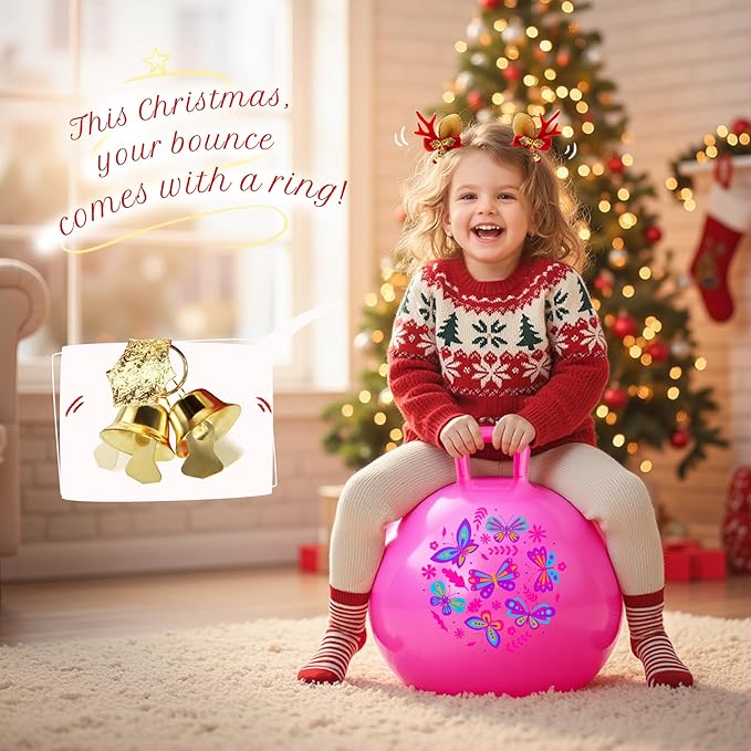 EVERICH TOY Hopper Ball, Pink Butterfly Hopping Toys for Kids, 18 Inch Bouncy Ball with Handle, Indoor Outdoor Inflatable Hoppity Hop Toy for Girls Boys Gift with Free Christmas Accessories