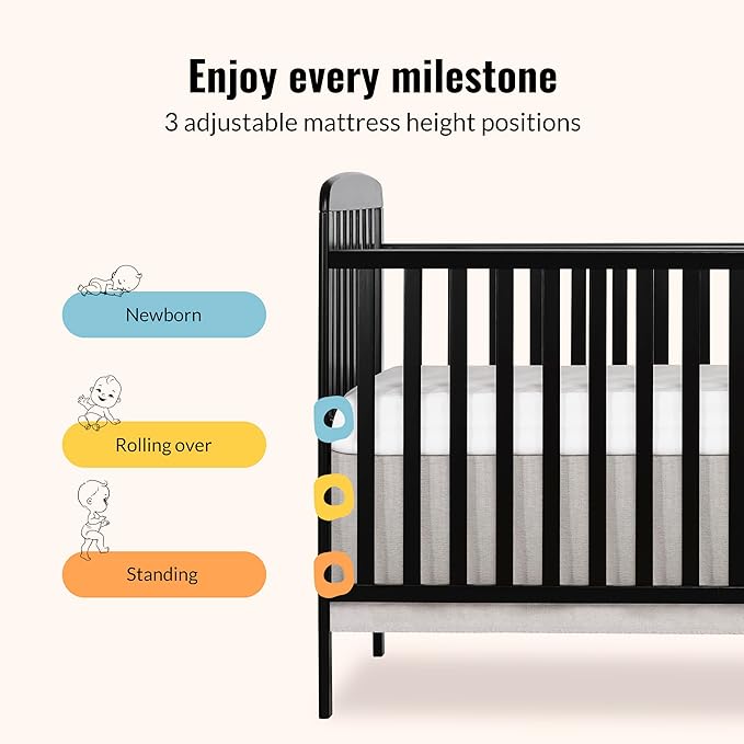 Dream On Me Anna 3-in-1 Convertible Full-Size Baby Crib & Changer with Storage in Black, GreenGuard Gold & JPMA, Pinewood, Converts to Day & Toddler Bed, 3 Mattress Heights, 1″ Changing Pad