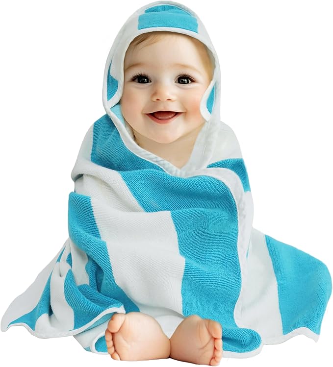 ORIGINAL KIDS Hooded Baby Towel for Newborn - 100% Cotton Baby Bath Towel with Hood - Boys Girls Infants Toddler - Soft Absorbent Beach Pool Newborn Bath Essentials - Large 32x32 - Cabana Stripe Aqua