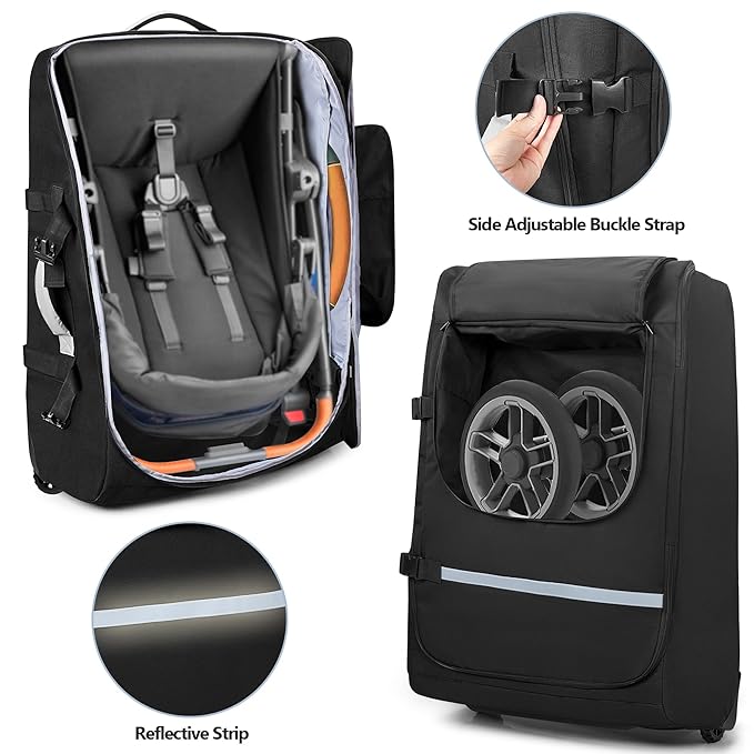 Stroller Travel Bag with Wheels Compatible with UPPAbaby Vista, Vista V2, Cruz V2, Rolling Gate Check Stroller Storage Bag for Airplane, with Dual Handles, Luggage Tag, Reflective Strip, Black