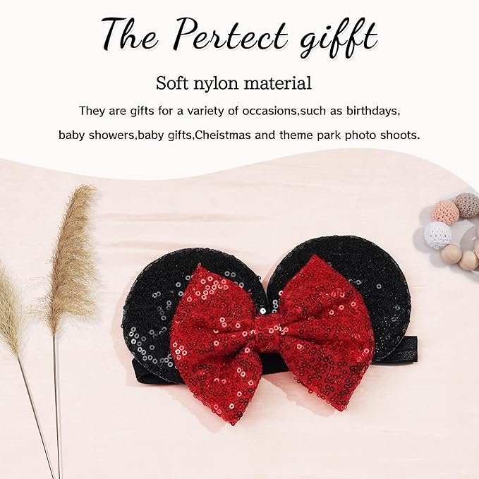 3 PCS Mouse Ears Sequin Bow Nylon Hairband with Polka Dot Cute Baby Headbands Soft Hairbands Hair Accessories for Newborn Infant Toddler