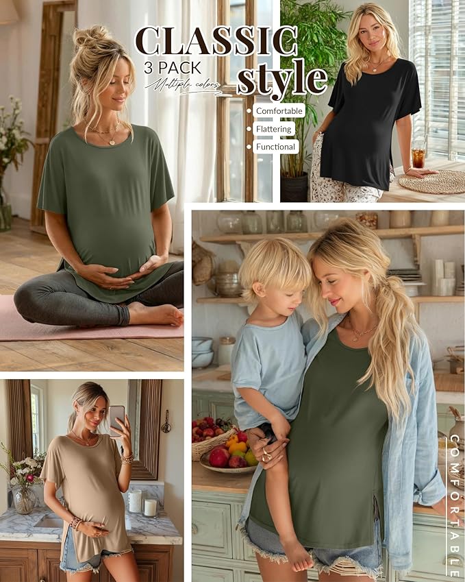 Riyiper 3 Pack Women's Maternity Tunic Shirts Cotton Summer Pregnancy Clothes Loose Oversized Split Side Blouse Tops