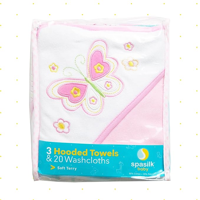 Spasilk Bath Hooded Towels & Washcloths Set for Babies, 23-Piece Gift Set, White Butterfly