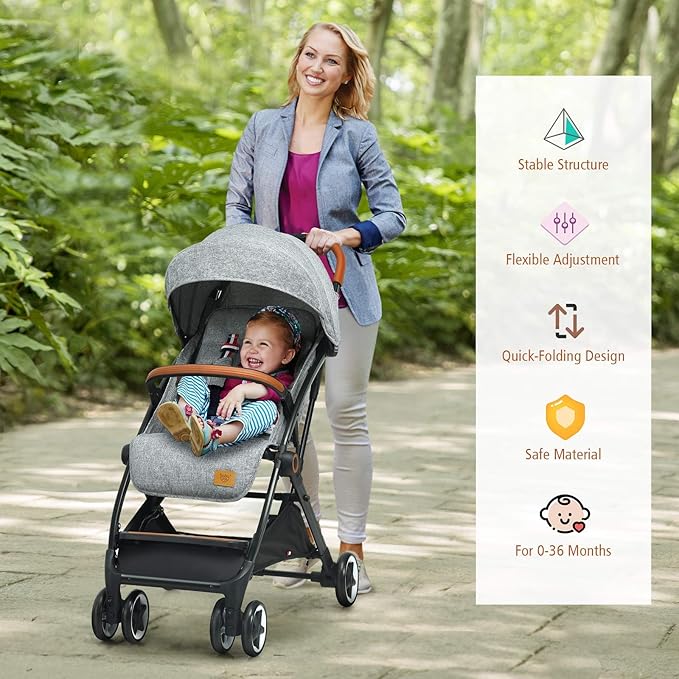 BABY JOY Lightweight Baby Stroller, Compact Toddler Travel Stroller for Airplane with 5-Point Harness, Adjustable Backrest/Footrest/Canopy, Storage Basket, Easy One-Hand Fold, Gray