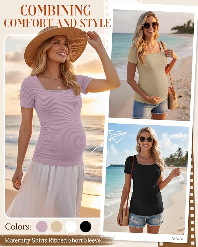 Huukeay 4 Pack Women's Maternity Shirts Cotton Ribbed Short Sleeve Square Neck Pregnancy Tops Side Ruched Summer Tee