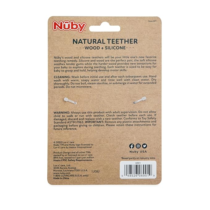 Nuby Natural Wood & Silicone Teether Ring: 3 M+, Elephant, Gray