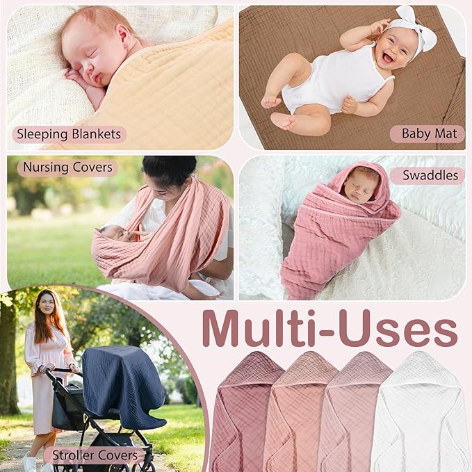 Peryiter 4 Pcs Muslin Hooded Baby Towels 32x32inch Cotton Newborn Bath Essentials Muslin Infant Blankets Absorbent Registry Baby Shower Present for Babies Girl Boy Kids (Light Pink)