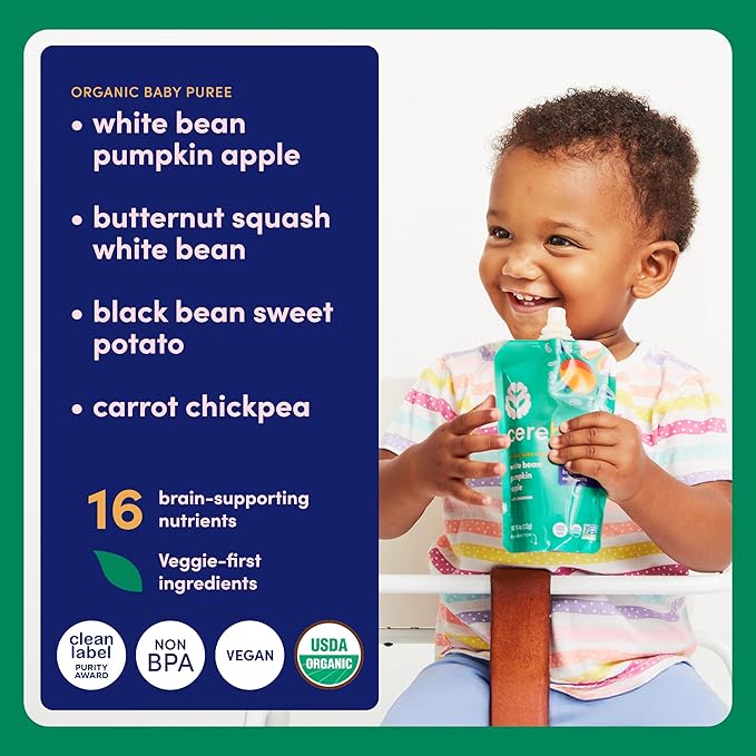 Cerebelly Organic Baby Food Pouches, Vegetarian Protein Bundle, Vegan, No Added Sugar & Non-GMO, 4 oz, 18 Pack