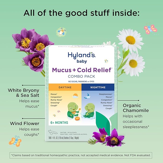 Hyland's Baby Mucus and Cold Relief, Day & Night Value, Infant and Baby Cold Medicine, Decongestant & Cough Relief, 4 Fl Oz, (Pack of 4)