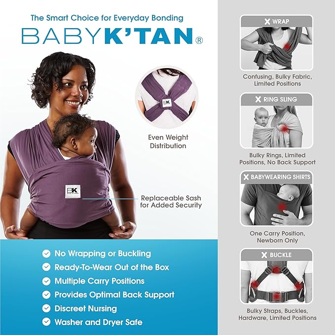 Original Baby K'tan Baby Carrier: #1 Easy Pre-Wrapped, Soft, Slip-On, No Rings, No Buckles | 5 in 1 Baby Sling for Hands-Free Comfort | Eggplant | Medium