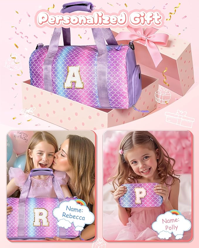 Gifts for 8 Year Old Girls-Girl Gym Bag with Shoe Compartment, Kid Personalized Weekender Overnight Bags, Initial Travel Tote with Makeup Pouch, Gift for 3 4 5 6 7 Year Old Kids (Letter T)