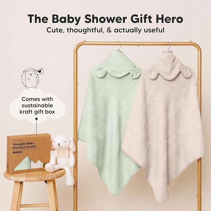 KeaBabies 2-Pack Hooded Baby Towels for Newborn - 30x30 Soft & Absorbent Viscose from Bamboo Baby Bath Towels with Hood for Infant, Toddler,Kids,Boys Girls,Newborn Bath Essentials (Sage, Petite)