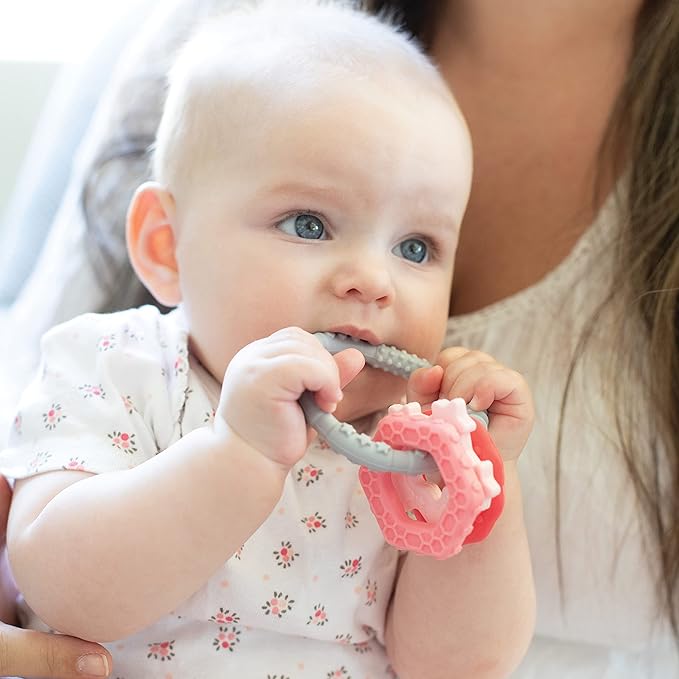 Bumkins Baby Teething Freezer Toy Keys Rings, Soft Flexible Pacifier to Chew, Cool Teether Gum Relief, Babies 3 Months, Freezable Platinum Silicone, Sensory Bracelet with Charms, Pink and Gray