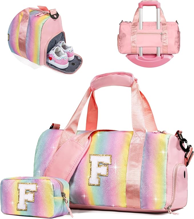 Dorm Room Essentials for Girls-Girl Gym Bag with Shoe Compartment, Kid Personalized Weekender Overnight Bags, Initial Travel Tote with Makeup Pouch, Preppy Stuff Gifts for Kids (Letter F)