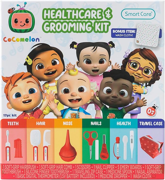 Smart Care Cocomelon Healthcare & Grooming Kit for Baby Essentials Kit, Newborn Essentials Must Haves, Includes Thermometer, Medicine Dropper, Grooming Tools & More
