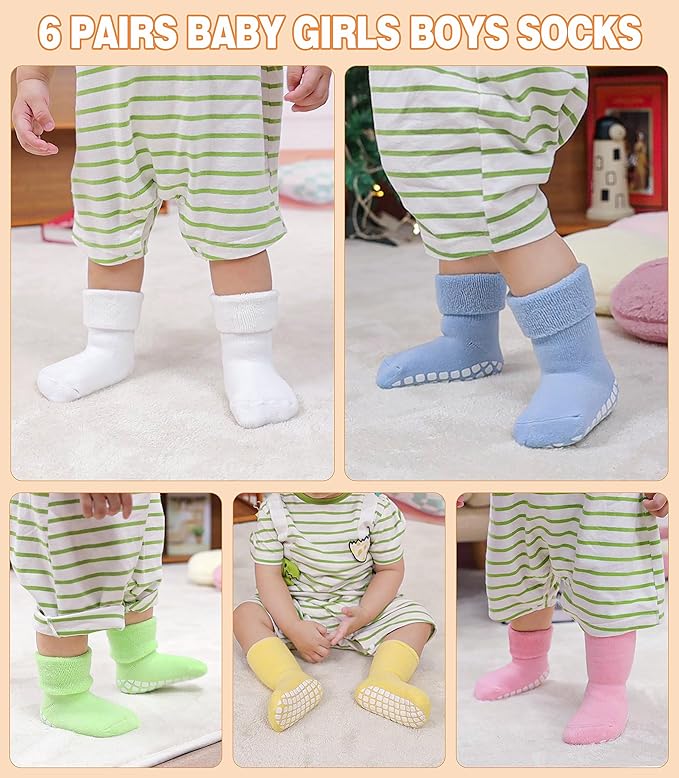 LANLEO Baby Girls Boys Non Slip Socks with Grips Toddler Kids Unisex Warm Thick Cotton Ankle Crew Socks with Grippers