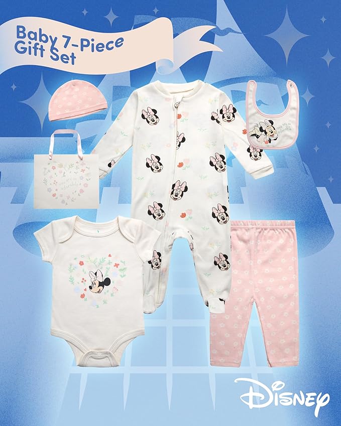 Disney Newborn Baby Girl Boy Clothes - 7 Piece Mickey Mouse Winnie the Pooh Bib Onesie Overall Beanie Pants Gift Bag Gift Set