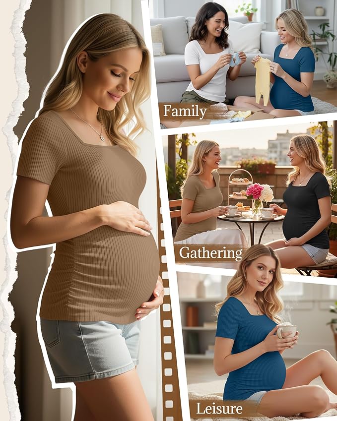 Huukeay 4 Pack Women's Maternity Shirts Cotton Ribbed Short Sleeve Square Neck Pregnancy Tops Side Ruched Summer Tee