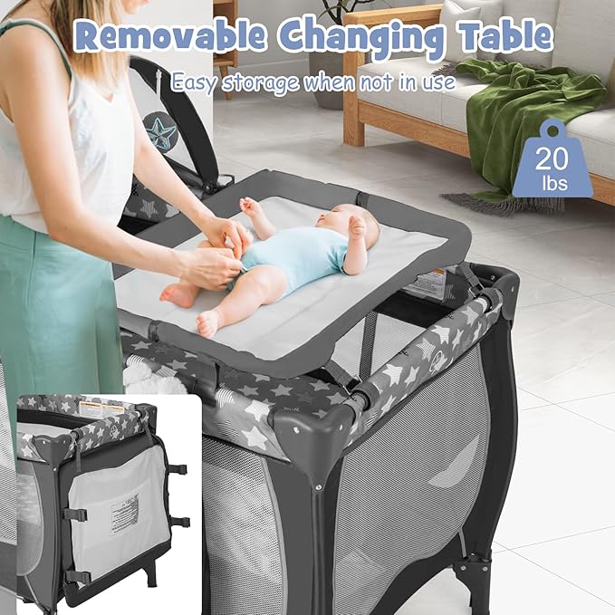 BABY JOY 4 in 1 Pack and Play, Portable Baby Playard with Bassinet, Adjustable Canopy, Changing Table, Lockable Wheels, Music Box, Travel Baby Crib Bassinet from Newborn to Toddler