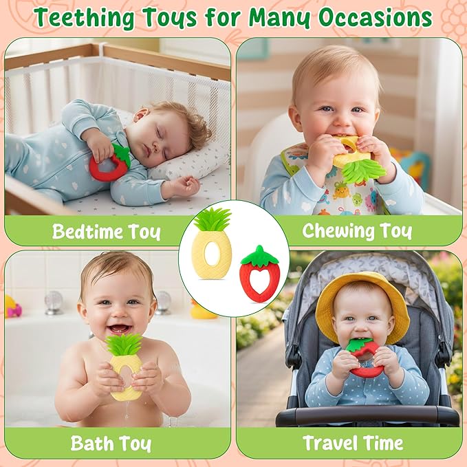 Silicone Teething Toy for Babies - 2Pcs Strawberry Grape Soft Sore Gums Pain Teether Infant Summer Fruit Themed Food Grade Teething Relief Chew Toy for Toddler Birthday Newborn 6-12 Months Baby Shower