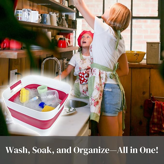 2.6 Gal(10L) Collapsible Camping Sink, Magenta Space-Saving Collapsible Dish Basin with Drain Plug for bottle washing, Collapsible Bucket for RV Essentials and Foot Soaking