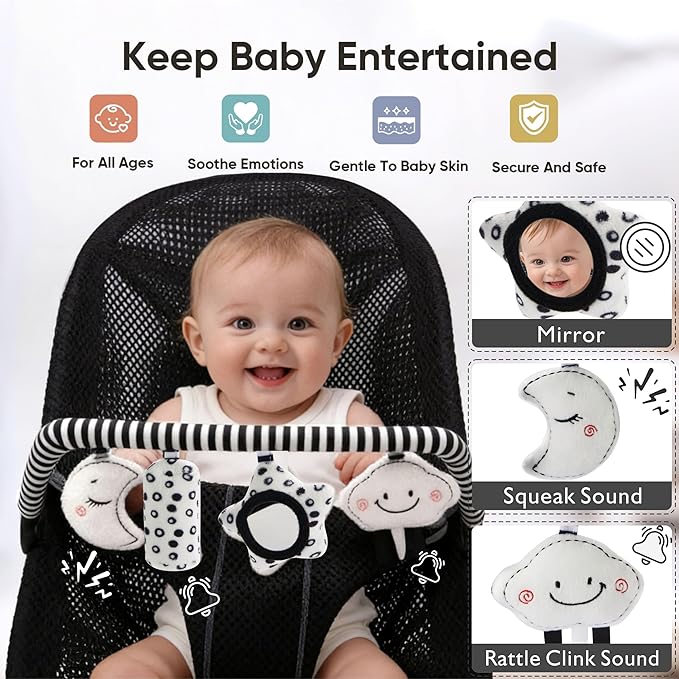 Baby Bouncer Toy Bar Soft with 4 Hanging Sensory Toys Attachment, Compatible with Baby Bjorn Bouncer, with Mirror, Rattle, Crinkle Sound for Babies All Ages (Black and White Shapes)