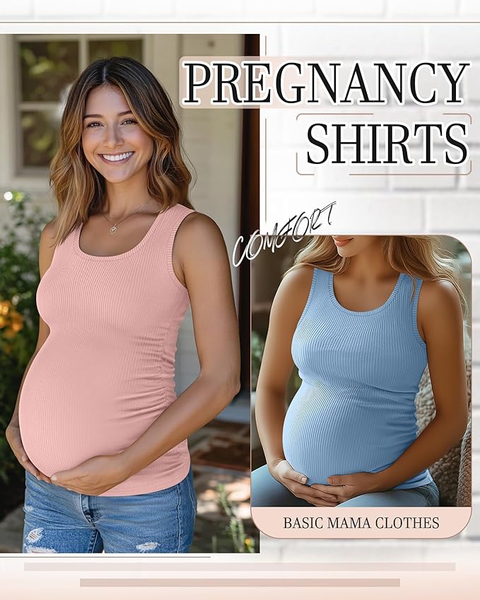 Riyiper 3 Pack Women's Maternity Tank Tops, Sleeveless Cotton Pregnancy Shirts Ribbed Knit Sides Ruched Basic Mama Clothes