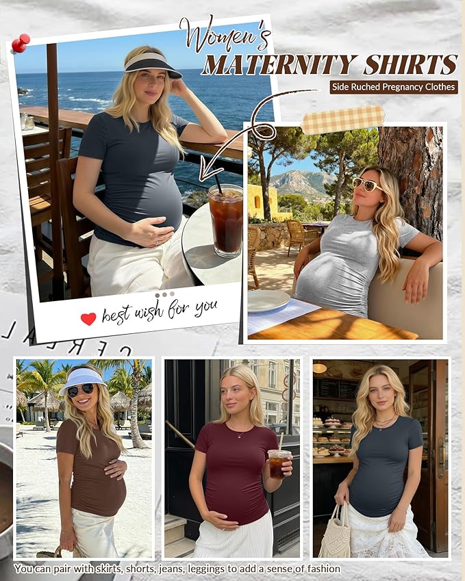 Huukeay 4 Pack Women's Maternity Shirts, Crew Neck Maternity Top Short Sleeve Casual Cotton Tee Side Ruched Pregnancy Clothes