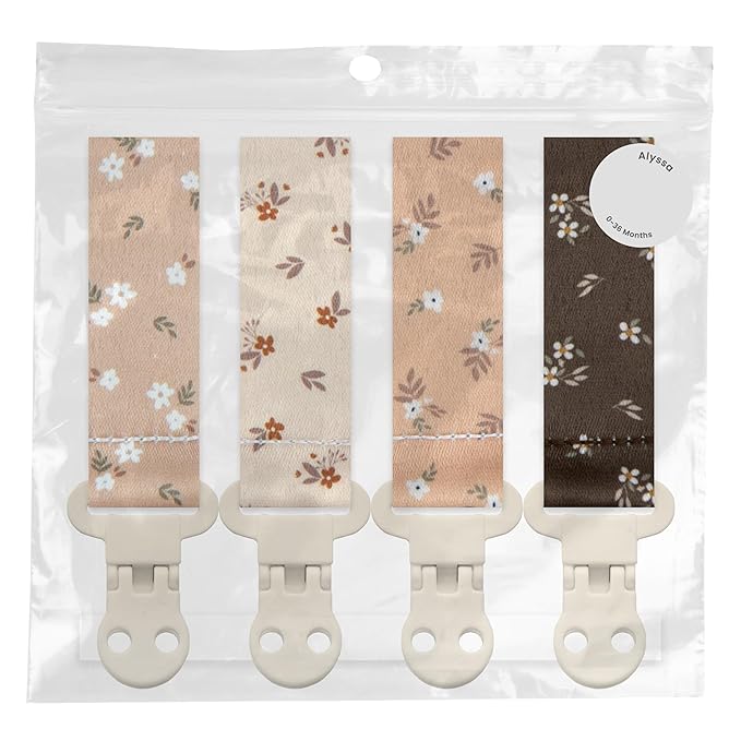Stadela Baby Pacifier Clip Holder - Girl 4 Pack Gift Set – Boho Modern Neutral Flowers Floral (Allysa)