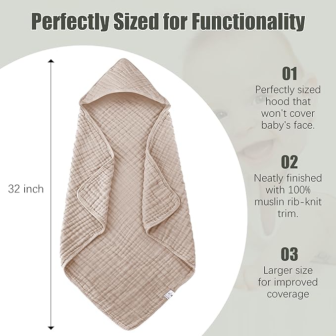 2 Pack Hooded Baby Towels - 100% Muslin Cotton for Newborns, Infants, Toddlers - Large 32x32Inch Size - Highly Absorbent and Essential for Newborn Care, White and Brown