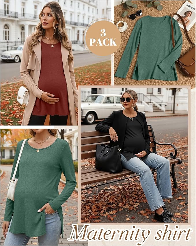 Riyiper 3 Pack Women's Maternity Long Sleeve T-Shirts Round Neck Side Split Tops Loose Casual Pregnancy Mama Clothes Fall