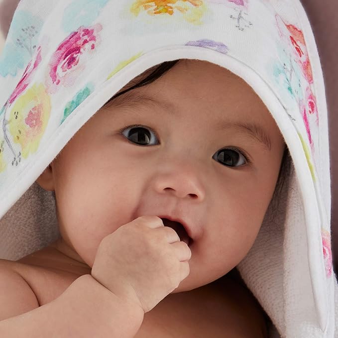 HonestBaby 3-Piece Organic Cotton Hooded Towel & Washcloth Set, Rose Blossom, One Size