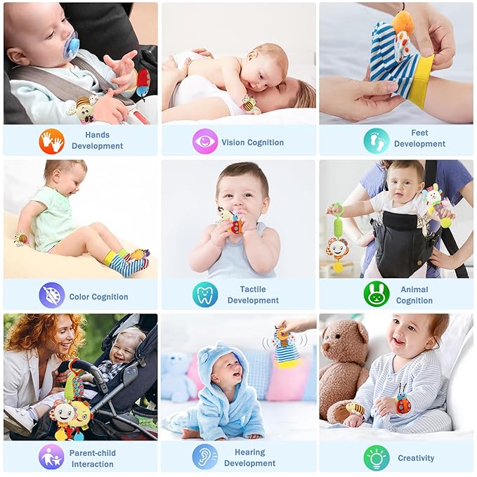 Bloobloomax Wrist and Foot Rattles - Hanging and Hand Bracelet Rattles, Ankle Socks for Newborns and Infants (12pcs)