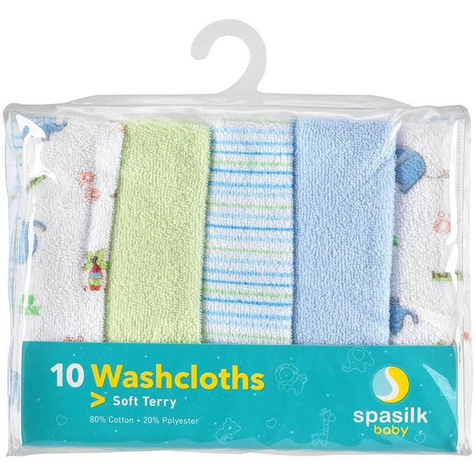 Spasilk Washcloth Wipes Set for Newborn Boys and Girls, Soft Terry Washcloth Set, Pack of 10, Blue Elephants