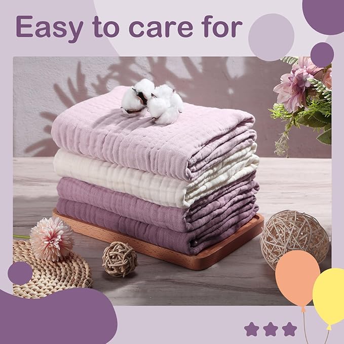 Peryiter 4 Pcs Muslin Hooded Baby Towels 32x32inch Cotton Newborn Bath Essentials Muslin Infant Blankets Absorbent Registry Baby Shower Present for Babies Girl Boy Kids (Purple Series)