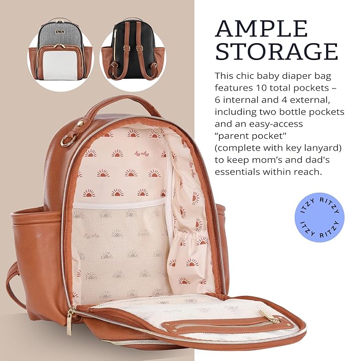 Itzy Ritzy Mini Diaper Bag Backpack – Chic, Compact Mini Plus Backpack with Changing Pad, 10 Pockets (6 Internal, 4 External), Grab-Top Handle & Rubber Feet (Cognac)