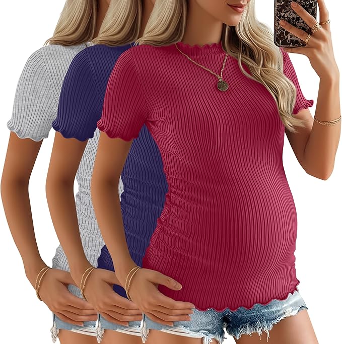 3 Pack Women's Maternity Tops Short Sleeve Ribbed Knit Maternity Shirts Crew Neck Side Ruched Pregnancy Clothes
