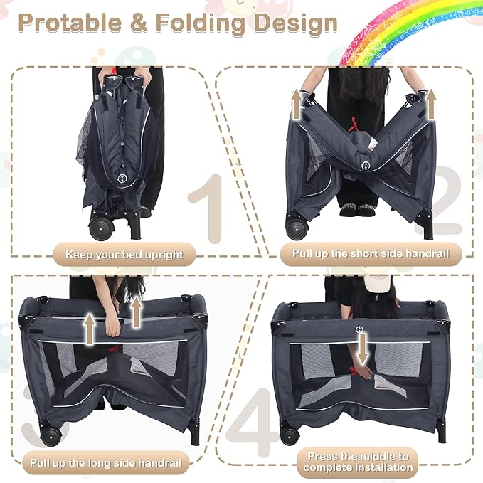 4 in 1 Multifunctional Pack and Play, Foldable Baby Playards with Changing Table & Breathable Mesh, Baby Playpen for Babies and Toddlers, Grey
