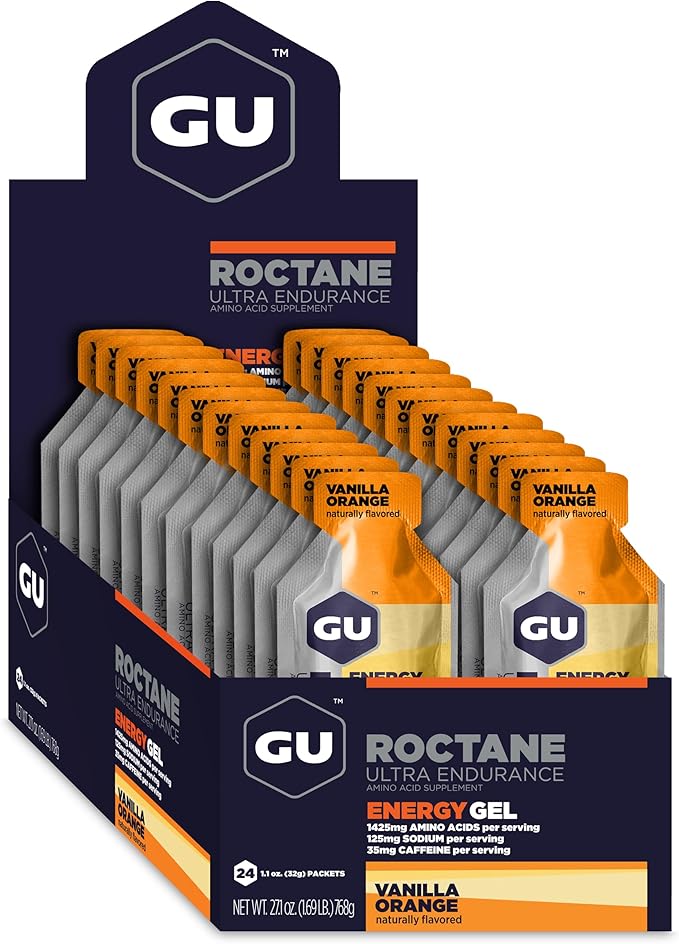 GU Energy Roctane Ultra Endurance Energy Gel, Vegan, Gluten-Free, Kosher, and Dairy-Free On-The-Go Sports Nutrition for Running, Biking, Hiking or Skiing, Vanilla Orange (24 Packets)