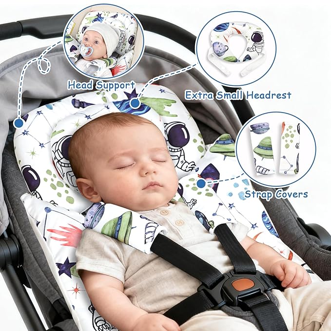 Infant Car Seat Insert with Removable Cushion for Baby Boys, Reversible Newborn Carseat Insert for Baby Head Body Support, Fits for Stroller, Baby Swing, Bouncer (White Space)