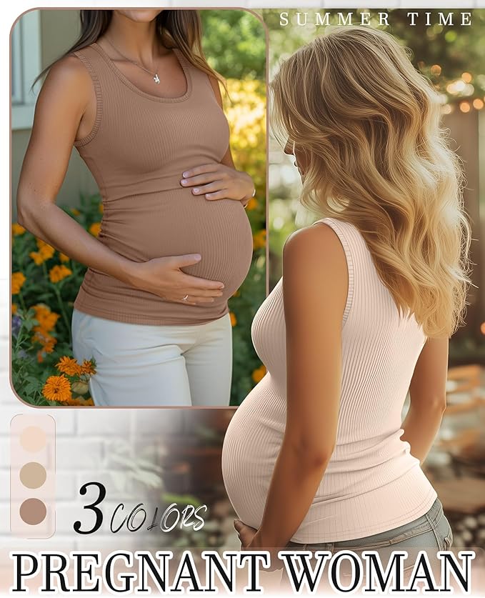 Riyiper 3 Pack Women's Maternity Tank Tops, Sleeveless Cotton Pregnancy Shirts Ribbed Knit Sides Ruched Basic Mama Clothes