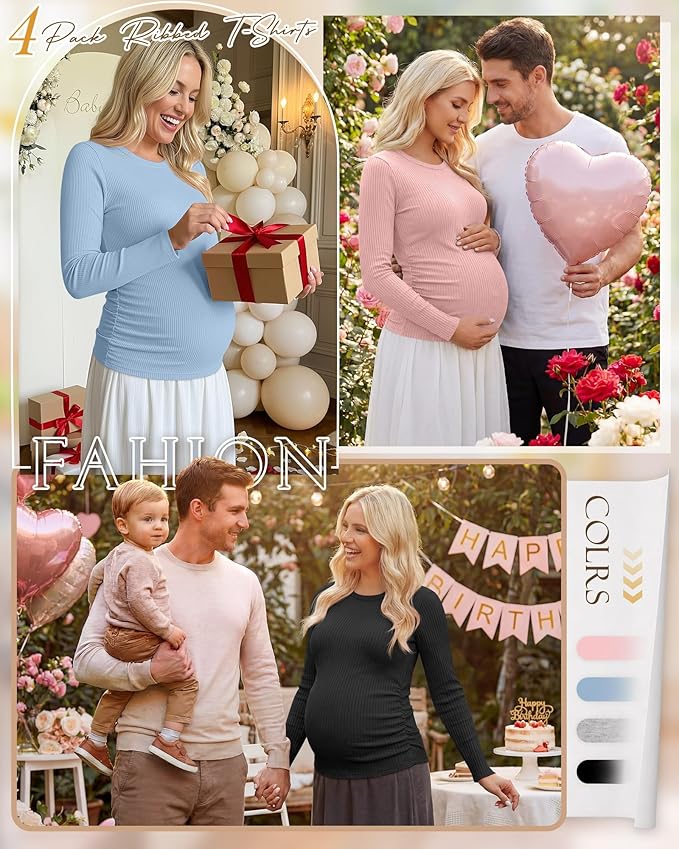 Ficerd 4 Pack Women's Maternity Shirts Cotton Long Sleeve Ribbed Crew Neck Pregnancy Tops Side Ruched Casual Mama Clothes