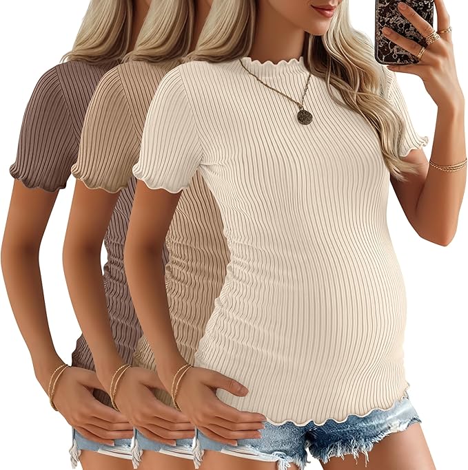 3 Pack Women's Maternity Tops Short Sleeve Ribbed Knit Maternity Shirts Crew Neck Side Ruched Pregnancy Clothes