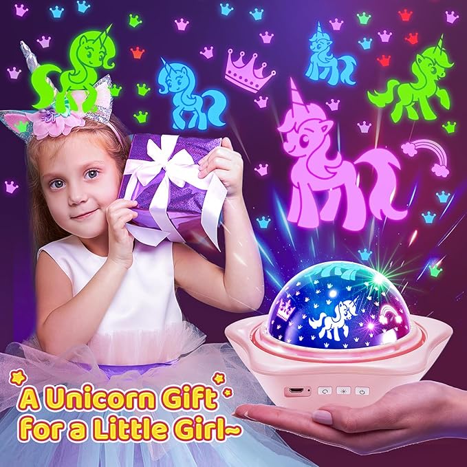 Onefire Girls Toys for Girl Gifts, 6 Films Light Projector Unicorn Toys for Girls Age 4-6, Rechargeable Night Lights for Bedroom, 360° Rotating Butterfly Decor Mermaid Gifts Princess Baby Toddler Toys