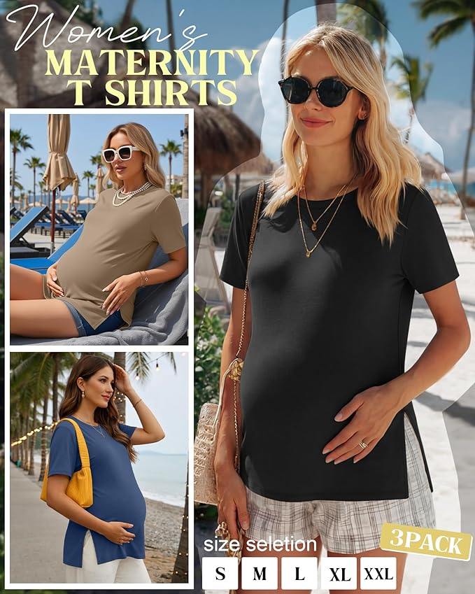 Ficerd 3 Pack Women's Maternity T Shirts, Short Sleeve Side Split Pregnancy Tops Casual Crew Neck Pregnant Tees Mama Clothes
