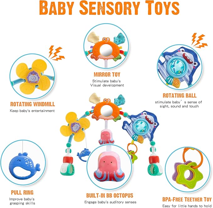 Baby Stroller Arch Toy, Car Seat Toys, Adjustable Arch Stroller toy with Hanging Sensory Activity toys,fits on Baby Bouncer, Bassinet, Stroller, Crib and Car Seats for baby infant Boy Girl 0-18 Months