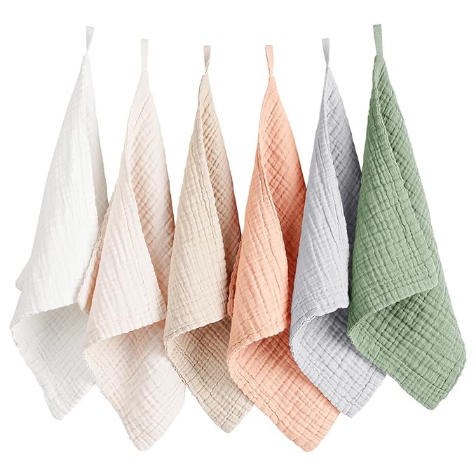 Konssy 6 Pack Baby Muslin Washcloths for Unisex 100% Cotton Wash Cloth Set for Baby Face Body Comfy and Soft for Newborn Infants Kids Girls and Boys