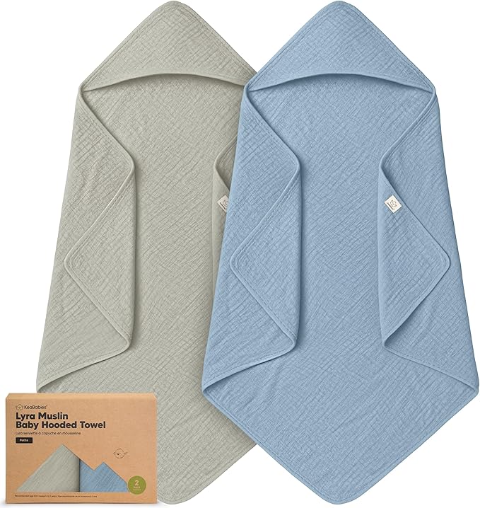 KeaBabies Muslin Hooded Baby Towels for Newborn Girls, Boys - 2-Pack, 30x30 Organic Cotton Baby Bath Towels Hooded, Soft Absorbent, Toddlers, Kids, Infant, Newborn Bath Essentials (Steel, Petite)